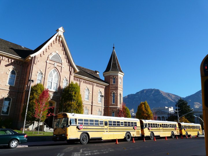 School children arriving at the Provo Tabernacle building.