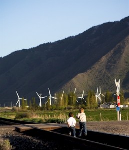 Sam & Ben running on abandoned tracks.  You can see the windmills in the distance. They are MUCH bigger than what you see here!